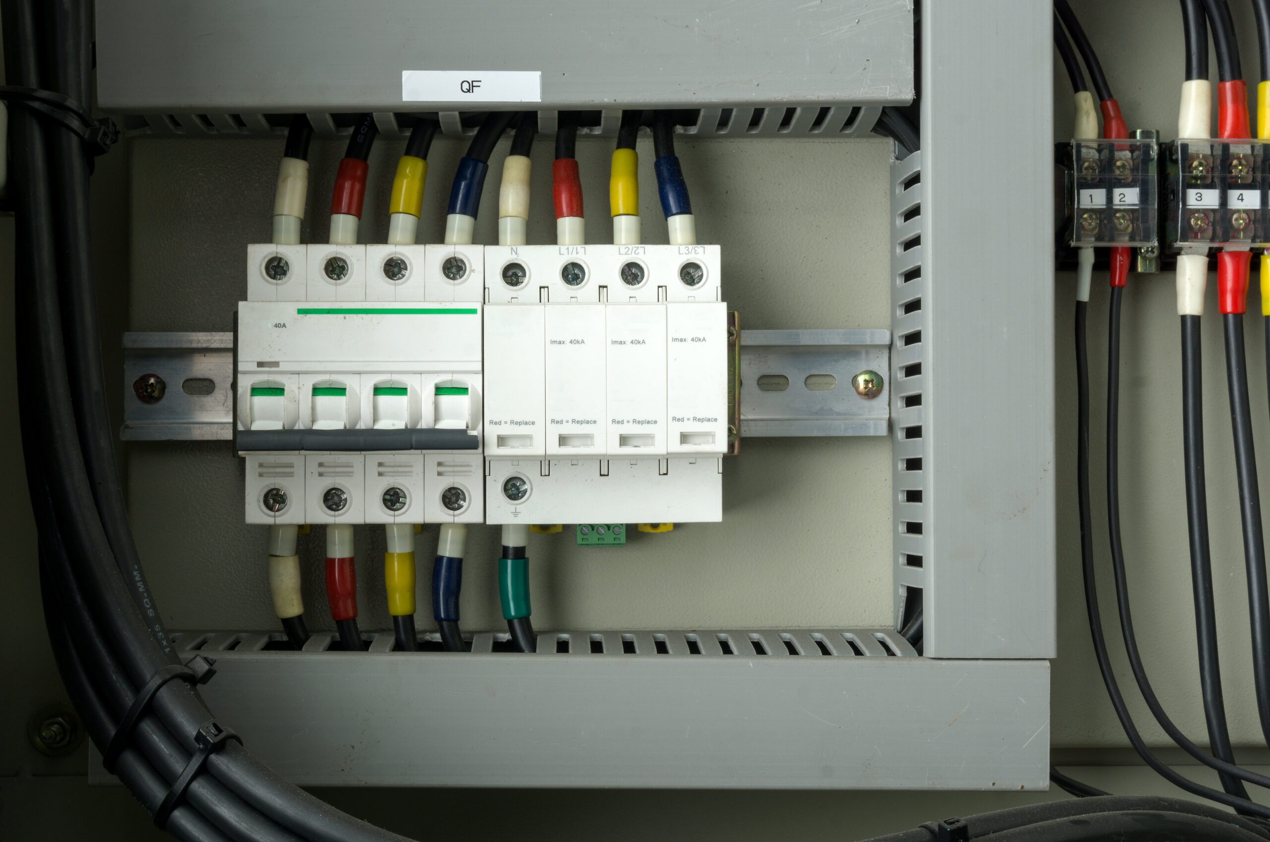 Circuit breakers with wiring in electrical cabinet on background